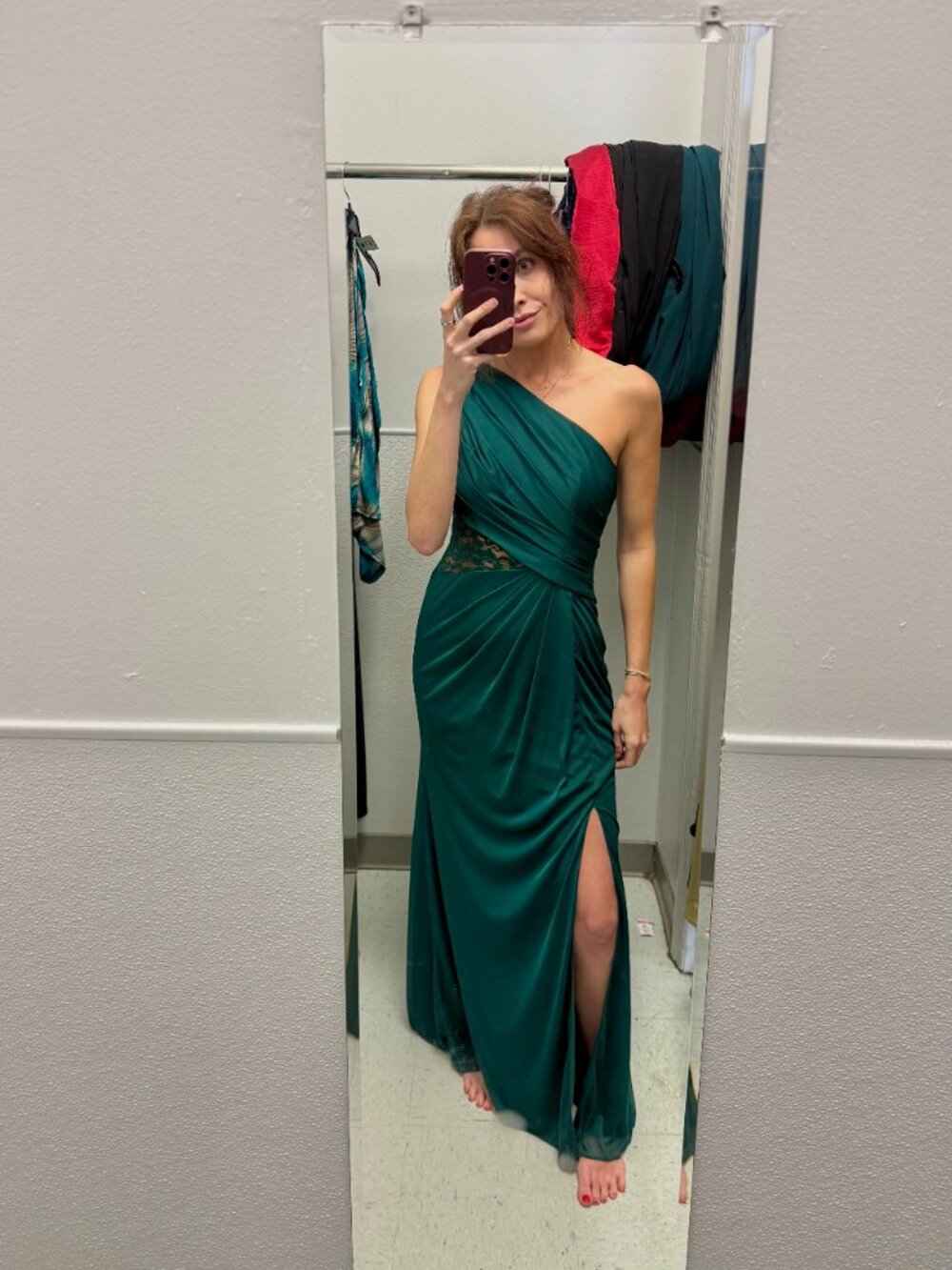 David's Bridal One Shoulder Mesh Dress Lace Inset Juniper Green // Green 6